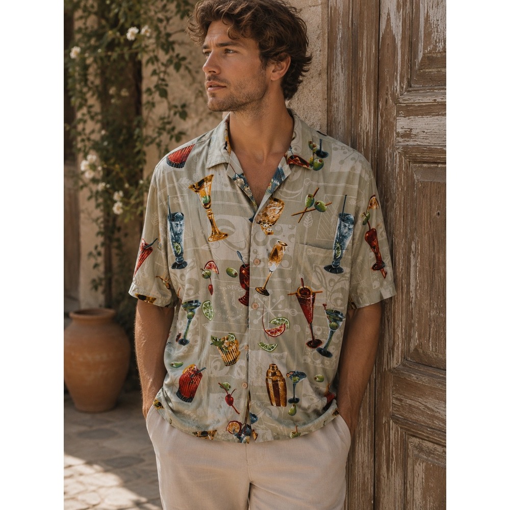 Paradise Found Mens Hawaiian Shirt XL Tan Cocktail Martini Glass Print Rayon